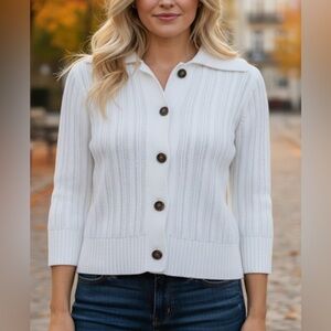 CHAPS Denim Sweater Cardigan Womens S Cotton Button Up 3/4 Sleeve Ribbed White